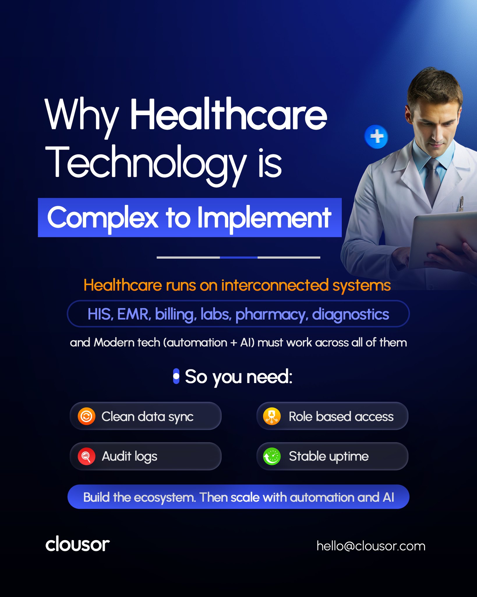 Healthcare technology is not simple software installation. It is full ecosystem integration.
Hospitals and clinics run on interconnected systems like HIS, EMR, billing, labs, pharmacy, and diagnostics.
When you add automation and AI, everything must work together smoothly.
That means you need:
Clean data sync
Role based access
Audit logs
Stable uptime
Real healthcare transformation does not happen by adding one tool.
It happens when the entire ecosystem works together.
Build the ecosystem first. Then scale with automation and AI.
What healthcare system causes the most operational chaos in your organization today?
#HealthcareTechnology #HealthTech #HealthcareAutomation #DigitalHealth #EMR #HospitalManagementSystem #HealthcareIT #MedicalTechnology #HealthTechIndia #HospitalSystems
