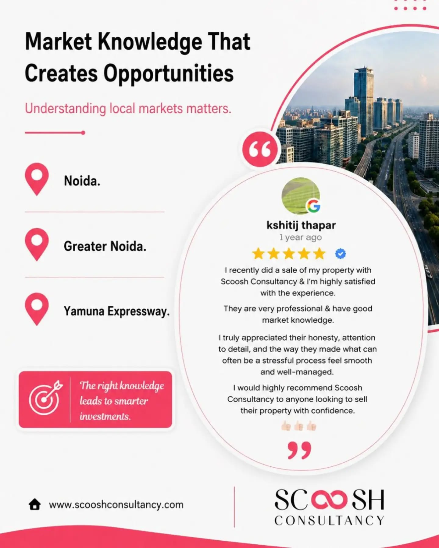 ⭐ Why do investors keep coming back to Scoosh Consultancy?
The answer isn’t in what we say—it’s in what our clients say.
For over 30 years, Scoosh Consultancy has helped buyers and investors navigate the real estate market with confidence. From residential and commercial properties to institutional and industrial investments, our approach remains the same:
✔ Transparent advice
✔ Deep market knowledge
✔ Honest communication
✔ Long-term relationship building
✔ Opportunities backed by real insights
Whether it’s understanding the growth potential of Noida, Greater Noida, and the Yamuna Expressway region or simplifying complex investment decisions, our clients value guidance they can trust.
The testimonials from Akhilesh Kumar, kshitiz Thapar, and Sunil Gupta reflect the foundation of our work—expertise, integrity, and a commitment to putting clients first.
🏡 Looking to Buy, Sell, or Invest?
Partner with Scoosh Consultancy and make every real estate decision with confidence.
📍 Noida | Greater Noida | Yamuna Expressway
#ScooshConsultancy #ClientReviews #ClientTestimonials #RealEstateConsultant #PropertyAdvisor NoidaRealEstate GreaterNoidaProperty YamunaExpressway PropertyInvestment RealEstateExpert CommercialProperty ResidentialProperty IndustrialProperty InstitutionalProperty InvestInNoida PropertyMarket RealEstateIndia TrustedPropertyAdvisor RealEstateInvestment NoidaProperty