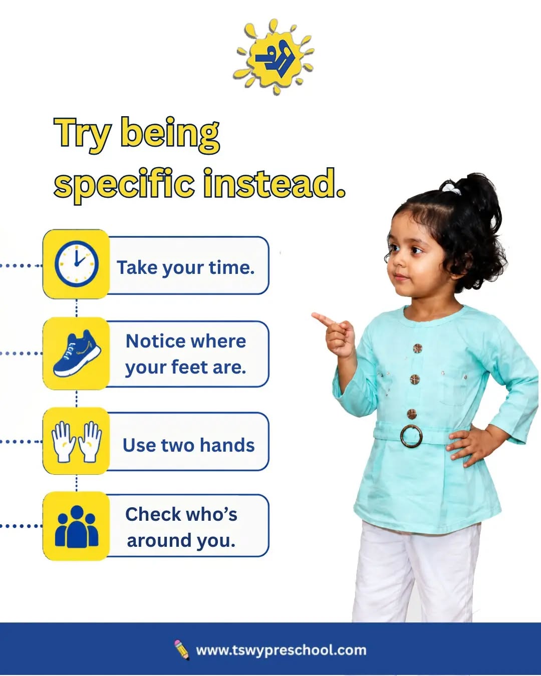 Instead of saying “Be careful,” try telling children what you actually want them to notice.✨ “Take your time.” 🤲 “Use two hands.” 👣 “Notice where your feet are.”Clear, specific guidance helps children build awareness, confidence, and independence—while giving them the freedom to explore, learn, and grow.At TSWY Preschool, we believe children thrive when they are guided with trust, encouraged with patience, and given the space to discover the world at their own pace. 🌱#TSWYPreschool #PositiveParenting #EarlyChildhoodEducation #PreschoolLearning #ChildDevelopment ParentingTips LearningThroughPlay ConfidenceBuilding