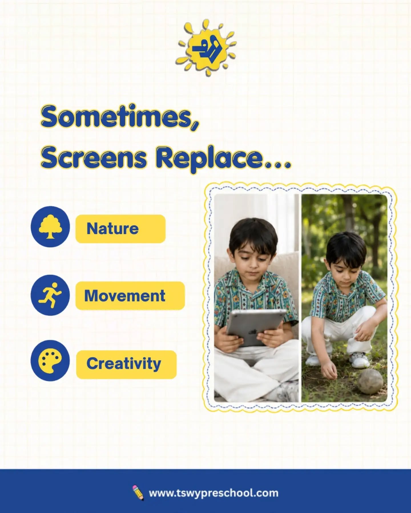 📱 Screens are here to stay—but childhood should never be confined to one.Running, climbing, creating, imagining, exploring, and building meaningful relationships are the experiences that shape confident, curious, and resilient children.At TSWY Preschool, we believe in creating the right balance between technology and hands-on learning, so every child grows through play, discovery, and human connection.#TSWYPreschool #EarlyChildhoodEducation #PositiveParenting #ScreenTimeBalance #LearningThroughPlayWhat's your biggest screen-time challenge as a parent?
