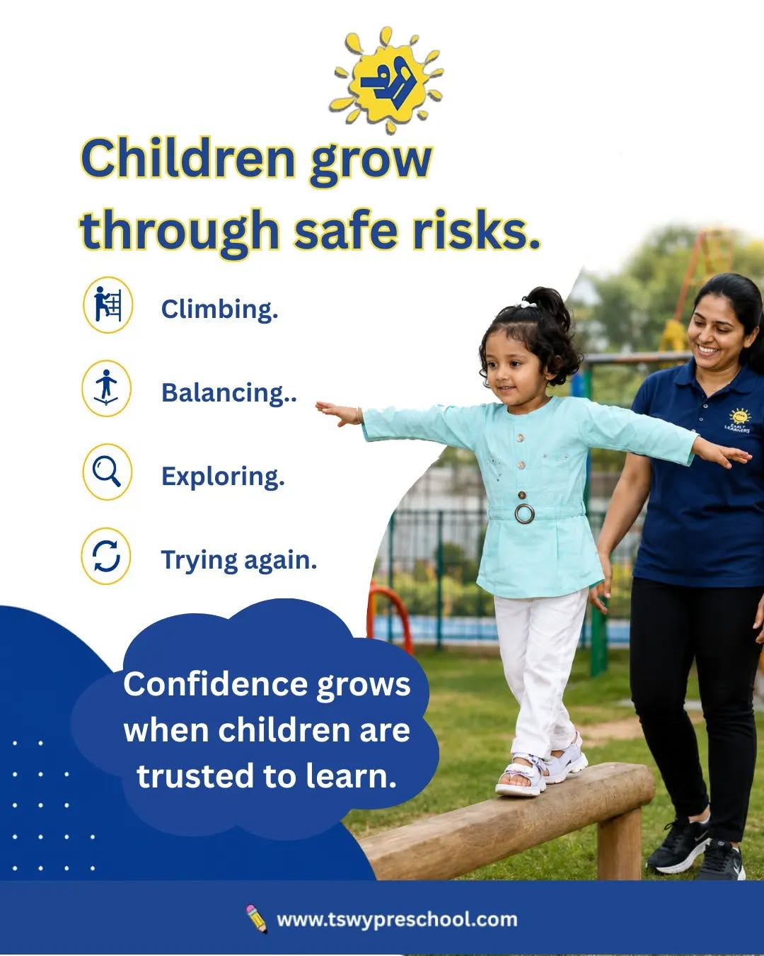 Instead of saying “Be careful,” try telling children what you actually want them to notice.✨ “Take your time.” 🤲 “Use two hands.” 👣 “Notice where your feet are.”Clear, specific guidance helps children build awareness, confidence, and independence—while giving them the freedom to explore, learn, and grow.At TSWY Preschool, we believe children thrive when they are guided with trust, encouraged with patience, and given the space to discover the world at their own pace. 🌱#TSWYPreschool #PositiveParenting #EarlyChildhoodEducation #PreschoolLearning #ChildDevelopment ParentingTips LearningThroughPlay ConfidenceBuilding