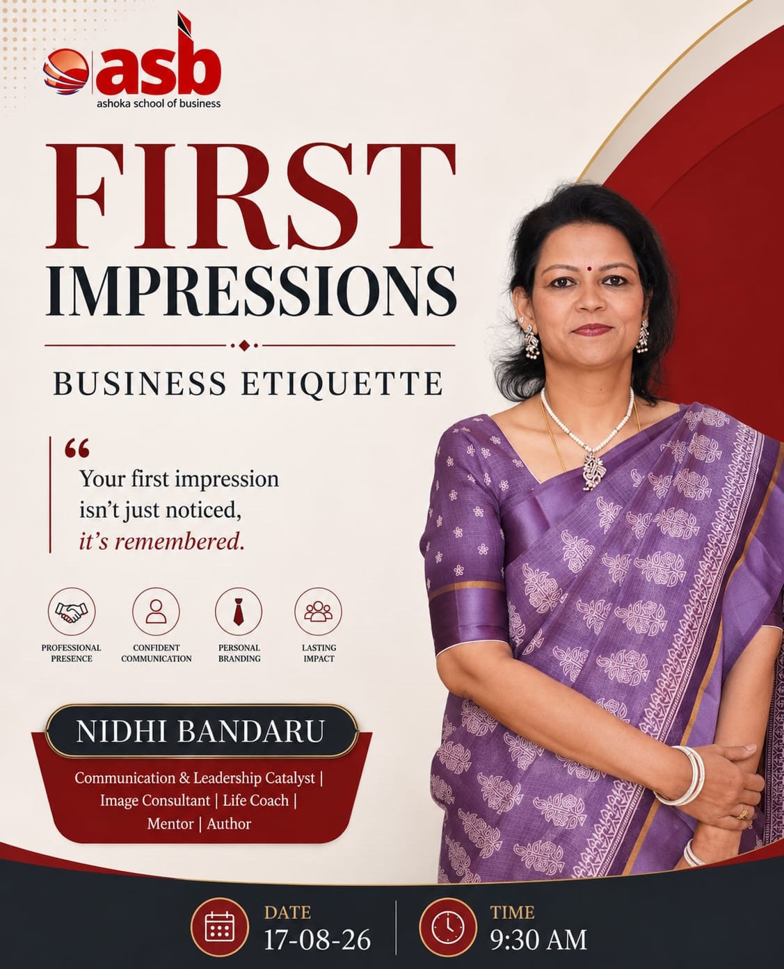 Making the Right Impression Starts with the Right Skills.
Ashoka School of Business had the pleasure of hosting Nidhi Bandaru for an engaging session on First Impressions & Business Etiquette.
From professional presence and confident communication to personal branding and workplace etiquette, the session gave our students practical insights that will help them navigate the professional world with greater confidence and impact.
An insightful, interactive, and valuable learning experience for our students.
Thank you, Nidhi Bandaru, for sharing your expertise and inspiring our students!
#asbhyderabad #ashokaschoolofbusiness #firstimpressions #businessetiquette ProfessionalDevelopment StudentLearning PersonalBranding Leadership